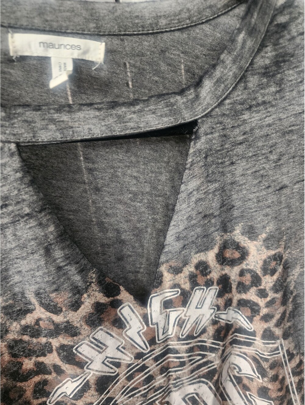Maurices XL Gray AC/DC Graphic T-Shirt with Leopard Print and Cutout Neckline - Picture 3 of 3